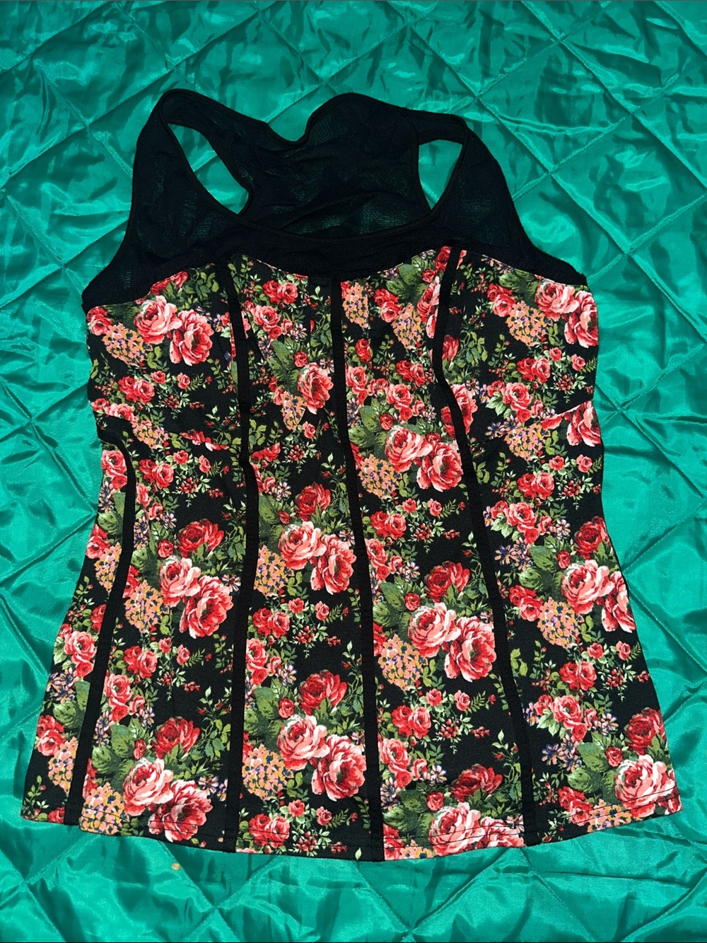Pure Energy Black Floral Racerback Tank Top with Red Roses